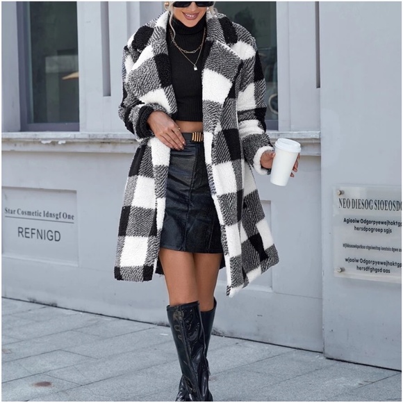 Cozy Plaid Teddy Open Front Jacket Coat - Picture 4 of 5